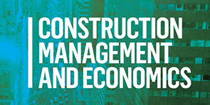 Construction Management and Economics journal title from volume 39 issue 4. White text overlay on teal tinted cityscape.